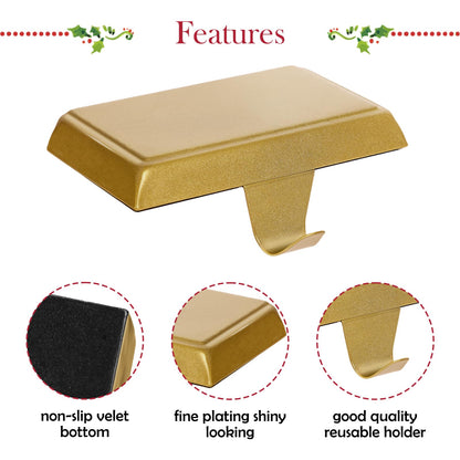 guccde Christmas Stocking Holders, Mantel Christmas Stocking Hangers, Metal Weighted Hooks for Hanging Christmas Stockings, Fireplace Xmas Holiday Decoration（Golden of 4）
