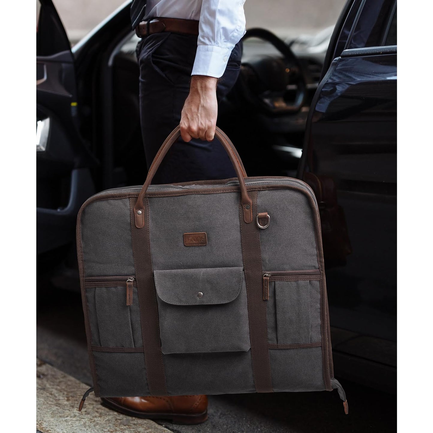 S-ZONE Carry On Garment Bag for Business Travel Canvas Leather Men Women Suit Cover