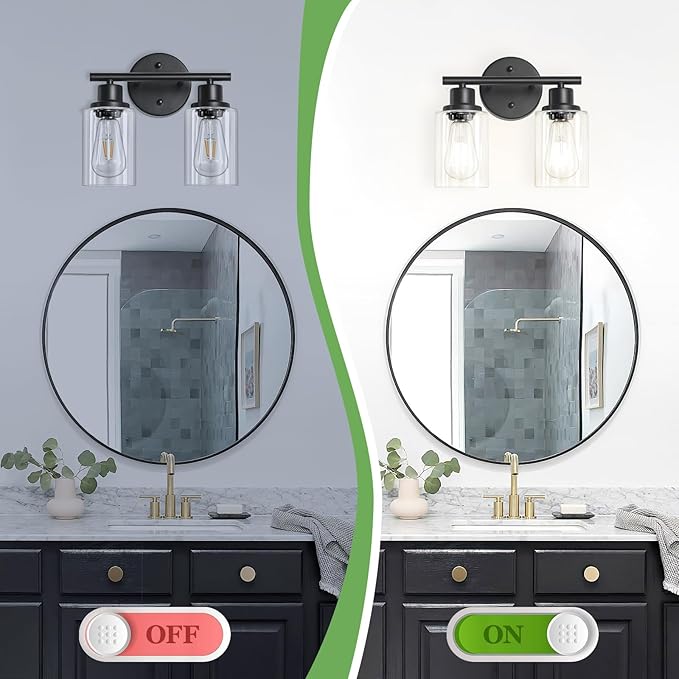 2-Light Black Bathroom Light Fixtures, E26 Modern Vanity Lights for Bathroom with Clear Glass Shade, Wall Lamps for Mirror Kitchen Hallway Cabinet Living Room Sconces Lights