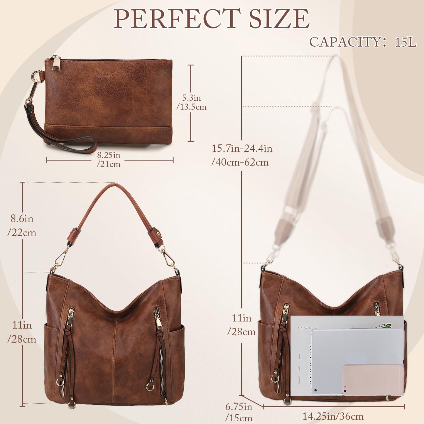 Chase Chic Hobo Bag for Women Handbags Purse Stylish with Detachable Strap Large Boho Shoulder Bag Crossbody for Ladies Easy to Clean,Working,Travel,Business(Brown)