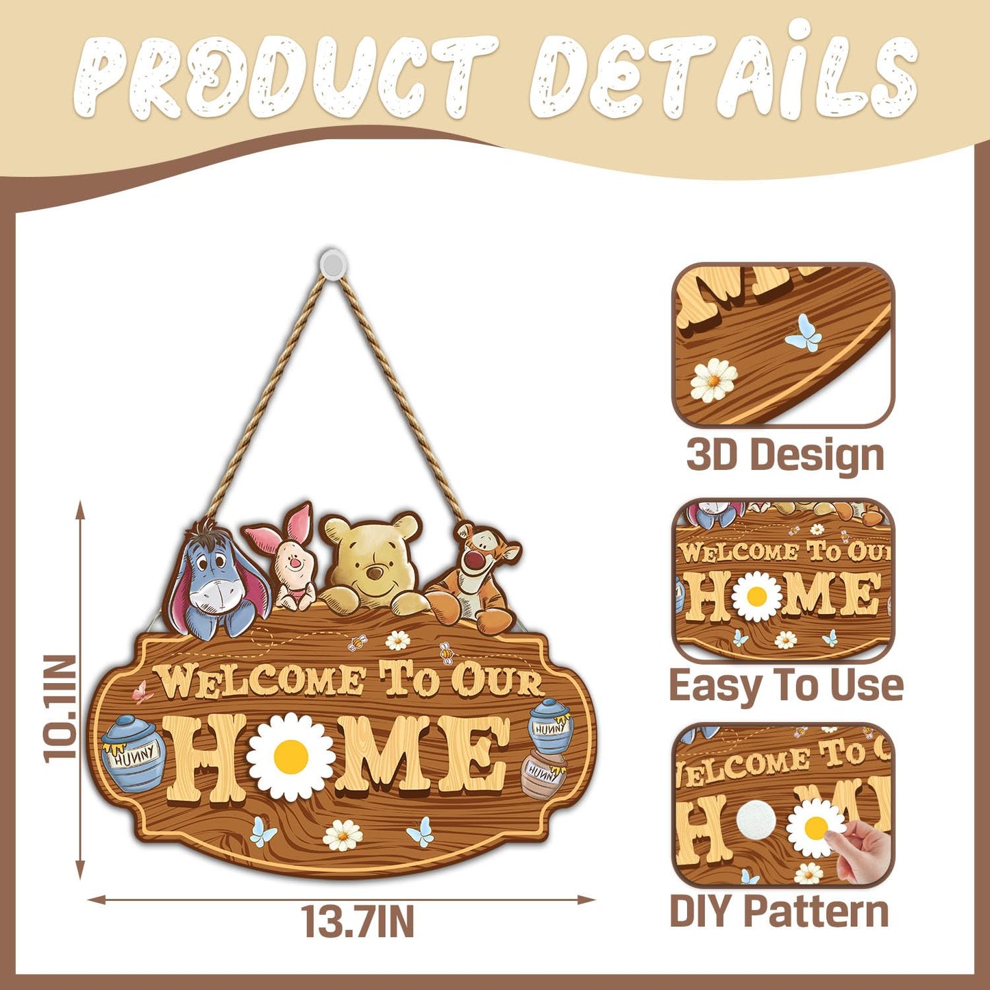 Winnie Welcome Sign for Door Decor, the Pooh Welcome to Our Home Sign with Interchangeable Holiday Sign, Welcome Sign for Home Farmhouse, Perfect for Christmas Thanksgiving Gifts, Housewarming Gifts