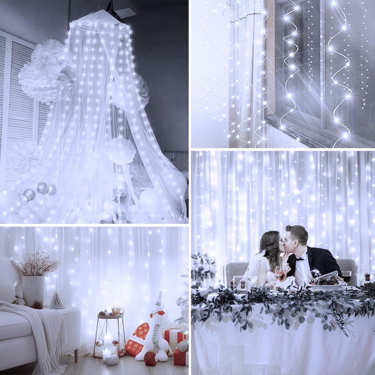 Minetom Curtain Lights, 300 LED Dimmable Fairy Lights with Remote and Timer, 8 Modes, USB Powered String Lights for Room Wall Party Xmas Indoor Decor, Winter Wonderland Christmas Decorations