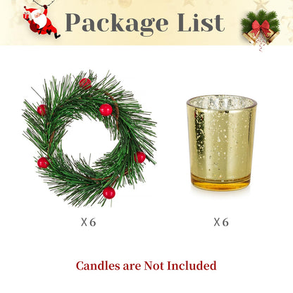 Hewory Christmas Tealight Candle Holder: Set of 6 Decorative Gold Tea Lights Candleholder with Xmas Wreath, Christmas Decoration Votive Candle Holders for Dinner Table Centerpieces Living Room Holiday