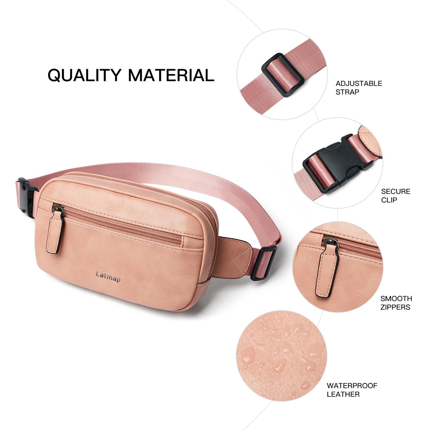 LATMAP 2L Fanny Packs Everywhere Belt Bag Small Fashion Crossbody Waist Pack Faux Leather Waterproof Sling Chest Bag For Women Trendy Pink