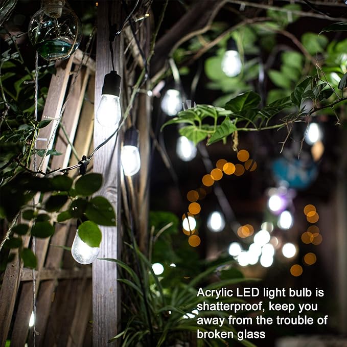 60ft Cool White LED Outdoor String Lights, Waterproof Festoon Light, 20 x Hanging Sockets with Shatterproof Light Bulbs for Backyard Garden Patio Pergola Gazebo Bistro Christmas Tree Wedding Party