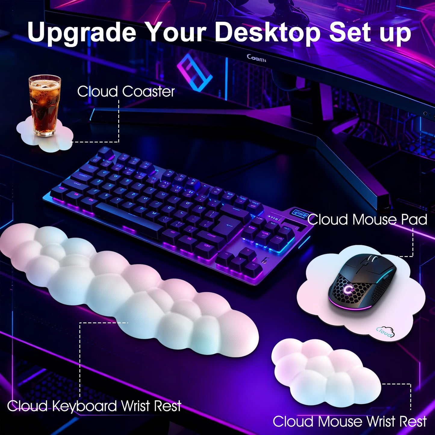 Sushret Cloud Wrist Rest for Computer Keyboard, 4-in-1 Memory Foam Leather Cloud Keyboard Wrist Rest and Mouse Pad Set with Ergonomic Support for Arm and Palm Cushion, Gaming/Work Setup, Rainbow