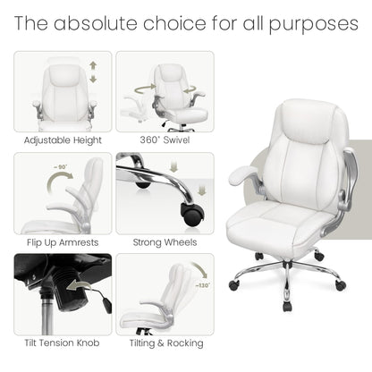 NEO CHAIR Ergonomic Office Desk Gaming Computer Chair Executive High Back Support Flip-up Arms Adjustable Height Swivel Rolling Wheels Comfy PU Leather for Home (White)