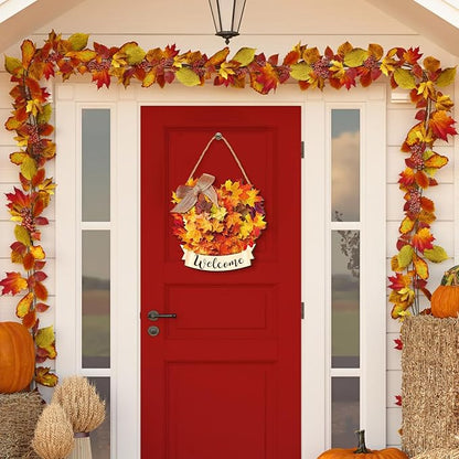 Boao Thanksgiving Welcome Door Sign Maple Leaves Hanging Decor Fall Wooden Sign Autumn Decorations Pumpkin Maple Leaves Wood Hanger for Outdoor Farmhouse Front Porch