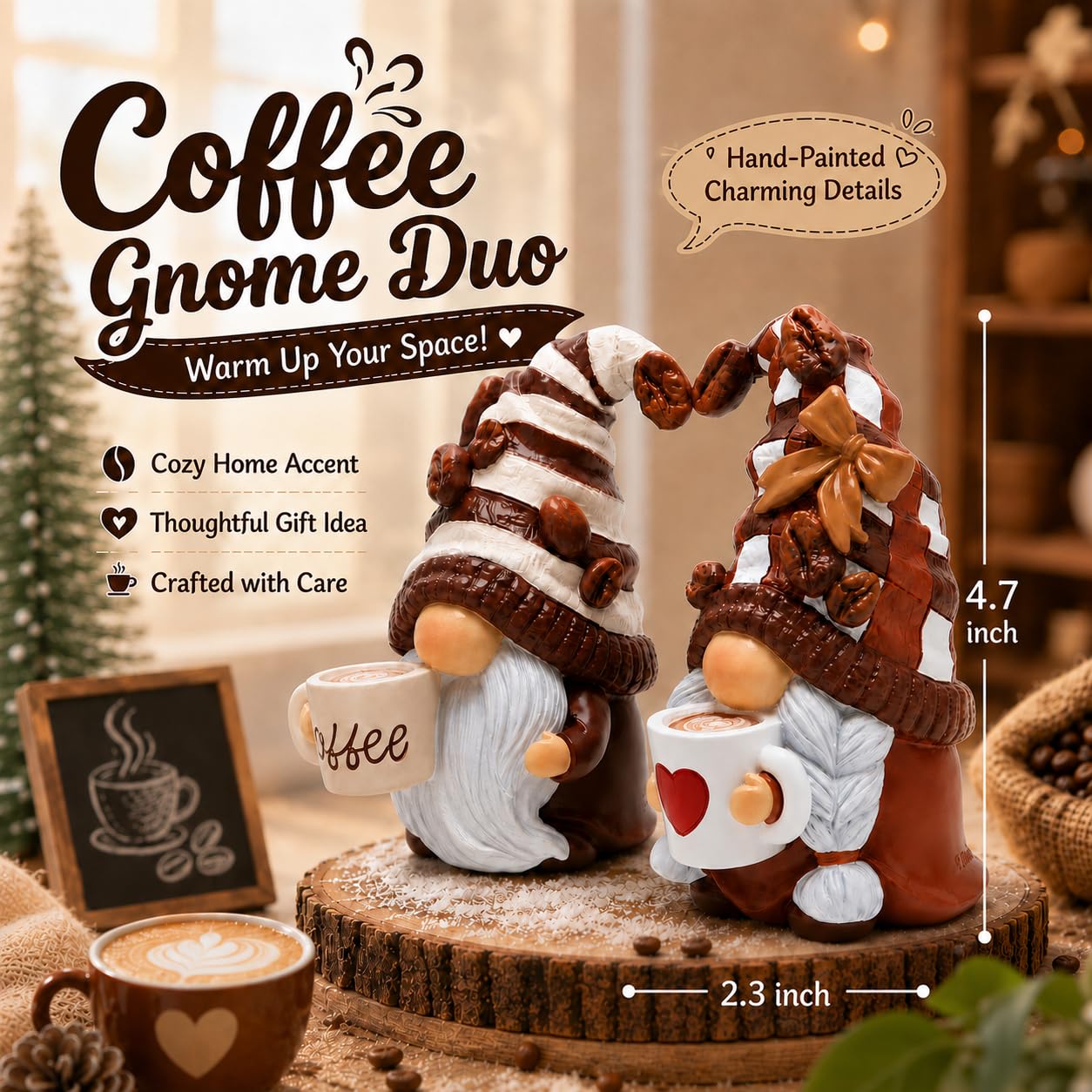 Hodao Gnome Decor Set of 2 Resin Coffee Lover Gifts with Mug, Cute Tiered Tray Figurines for Kitchen Shelf, Farmhouse Countertop, Desktop Accent, Spring Home Display