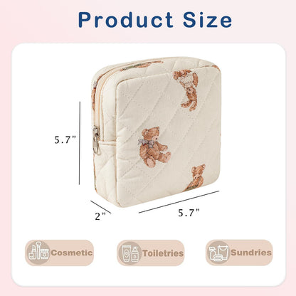 RSRSLEII Small Quilted Cosmetic Pouch for Purse, Mini Cotton Makeup Bag with Compartments, Cute Zipper Lipstick Holder for Women (01Bear)