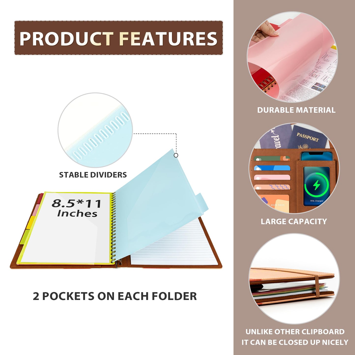 Ospelelf Clipboard with Storage for Men Women, Leather Padfolio Portfolio Organizer 5 Folders with 10 Pockets, Spiral Clipboard Folio with Notepad for Letter Size, Elastic Closure and Pen Loop Brown