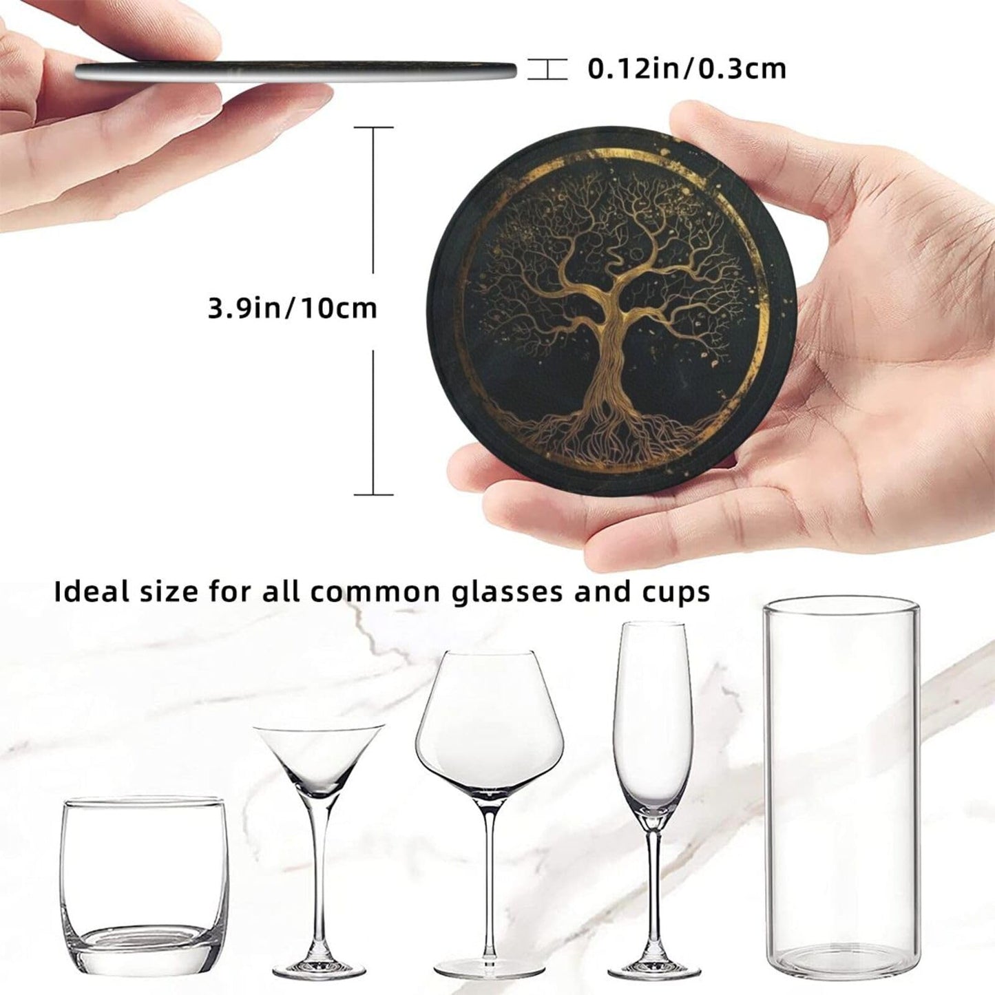 BOXIMIAO Drink Coasters with Holder Stand Set of 6, Marble Gold Tree of Life Pu Leather Absorbent Coasters with Cork Base Table Round Coaster for Housewarming Apartment Kitchen Bar Decor