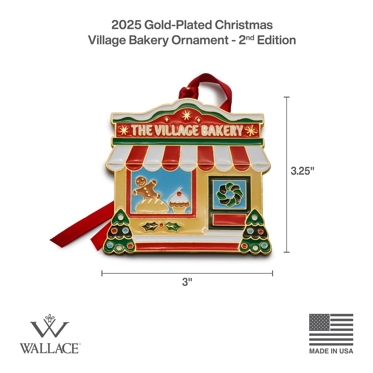 Wallace 2025 Gold-Plated Enamel Christmas Village Bakery Ornament - 2nd Edition Annual Collectible Series - 24K Gold Back, Dated, Gift Box and Velvet Pouch Included