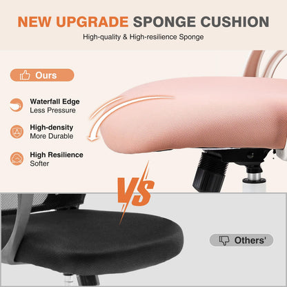Sweetcrispy Office Computer Desk Chair, Ergonomic High-Back Mesh Rolling Work Chairs with Wheels and Adjustable Headrests, Comfortable Lumbar Support, Comfy Flip-up Arms for Home,Bedroom,Study, Pink