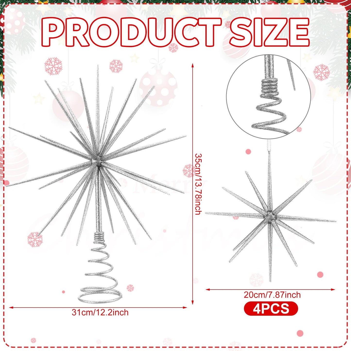 Leinuosen 5 Pcs Glitter Starburst Christmas Ornaments Include 4 Pcs 8'' Exploding Star Hanging Tree Ornament with a Large 13.7'' Starburst Christmas Tree Topper Xmas Holiday Tabletop Decor(Silver)