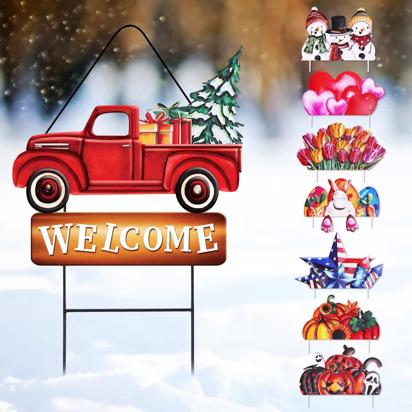 Whaline 4th of July Metal Yard Stakes Patriotic Welcome Interchangeable Garden Stake Red Truck Decor Set with Seasonal Sign Loads, Set of 9