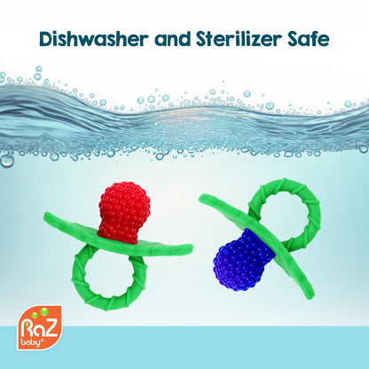 RaZbaby RaZberry Silicone Teether Pacifier – Teething Relief for Infants, Food-Grade, BPA-Free, Hands-Free, Natural Berrybumps Fruit Texture for Sensory Development, Freezable, 2-Pack - Red & Blue