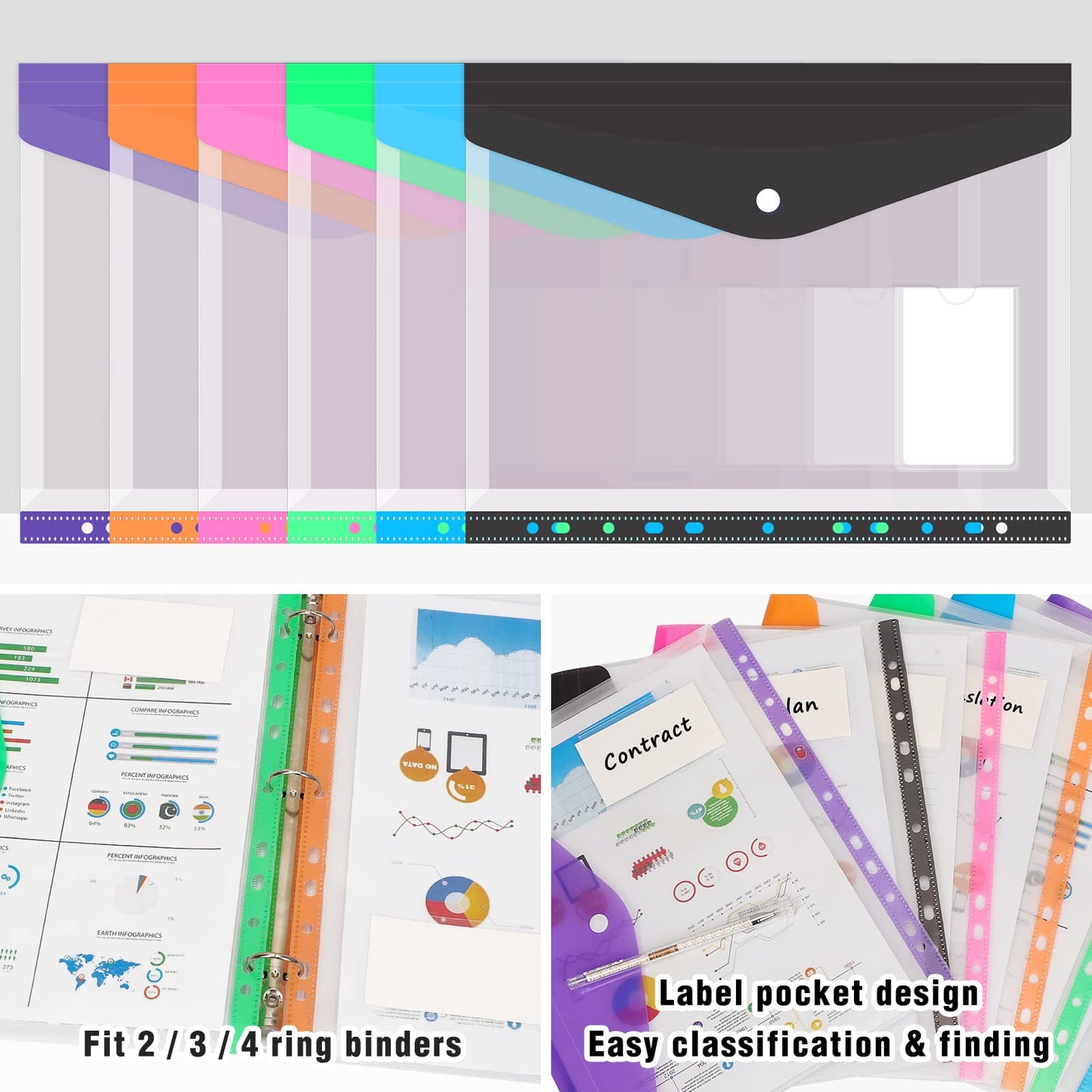 Colorlife Binder Pocket 12 Pack Plastic Envelopes Binder Folders 11 Holes Expandable Binder Folders for 2/3/4 Ring Document Pouch with Snap Button & Label Loose-Leaf Transparent for Office School Home