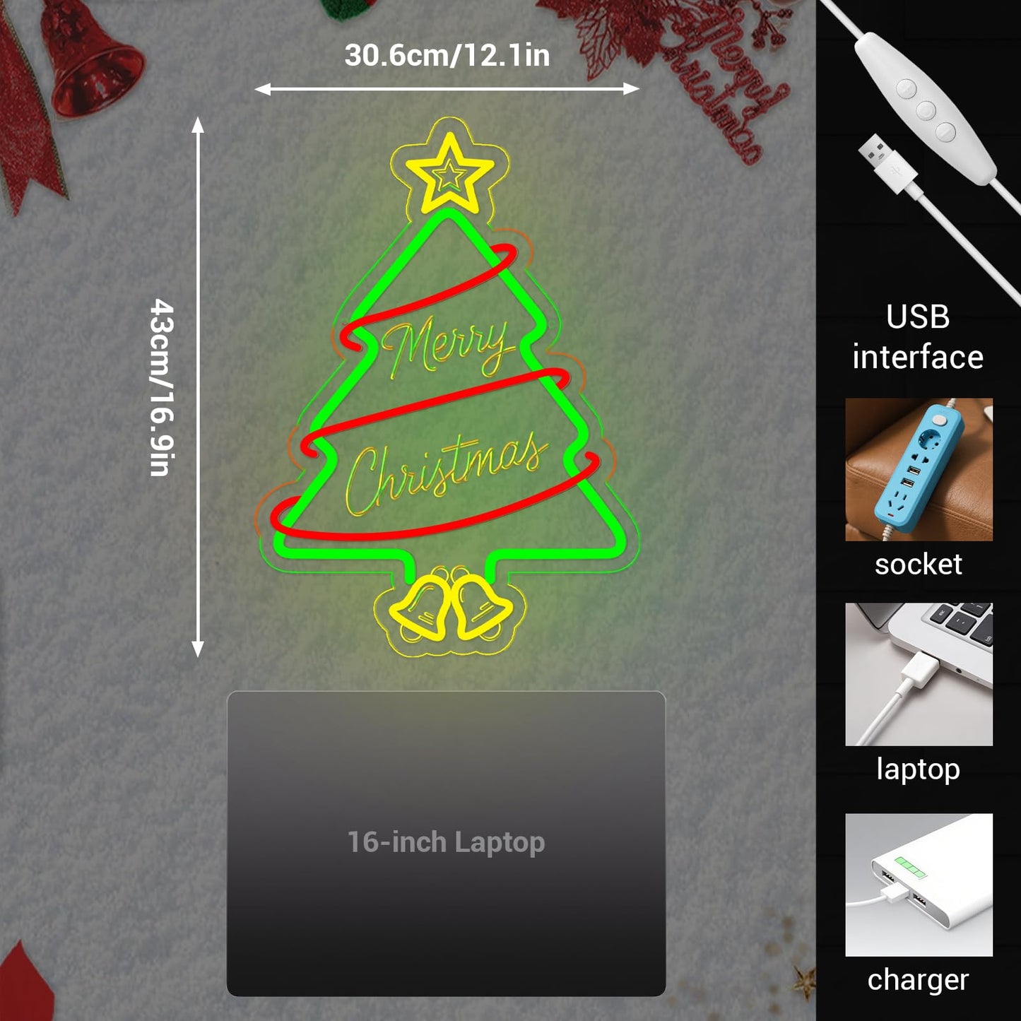 LMHSE Christmas Tree Neon Signs, 16.9" x 12.1" Acrylic LED Neon Sign for Window Lights Bedroom Living Room Home Decorations
