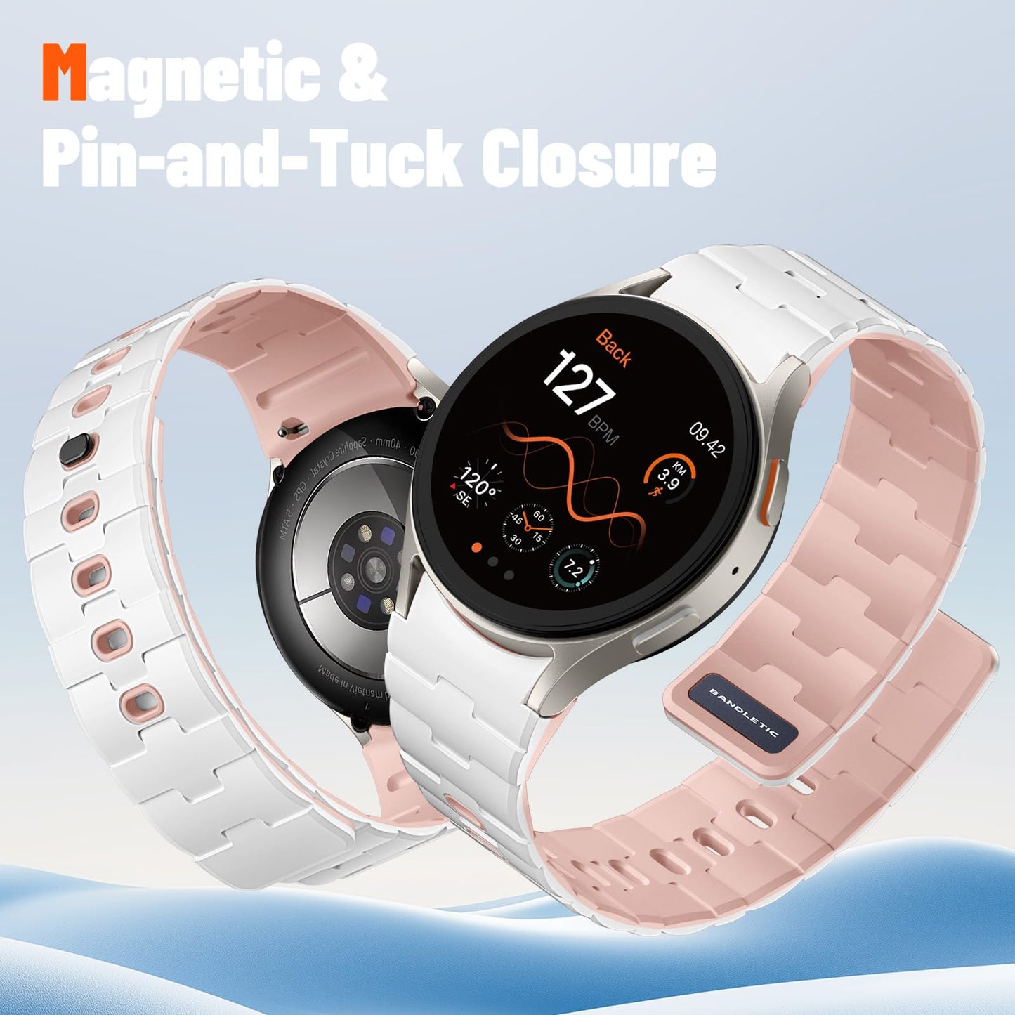 Bandletic No Gap Band Compatible With Galaxy Watch 6 band - Magnetic Silicone Band for Samsung Watch 7 5 4 FE 40mm 44mm/for Galaxy Watch 6 4 Classic 43mm 47mm 42mm 46mm/Watch 5 Pro 45mm, White/Pink