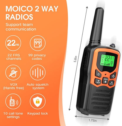 MOICO Walkie Talkies - Long Range 22 FRS Channels for Adults | Family Hiking & Camping (Orange, 2 Pack)