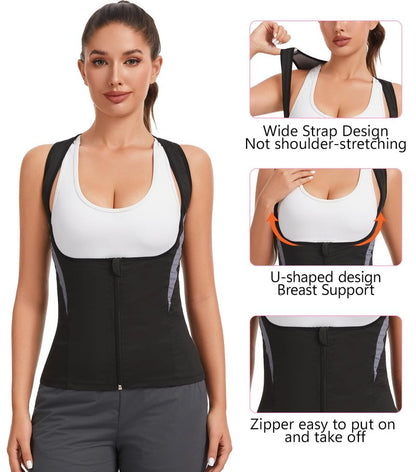 NINGMI Women Sauna Vest Sweat Tank Top Zipper T Shirt Sauna Suit Waist Trainer Body Shaper Workout Exercise Fitness Gym