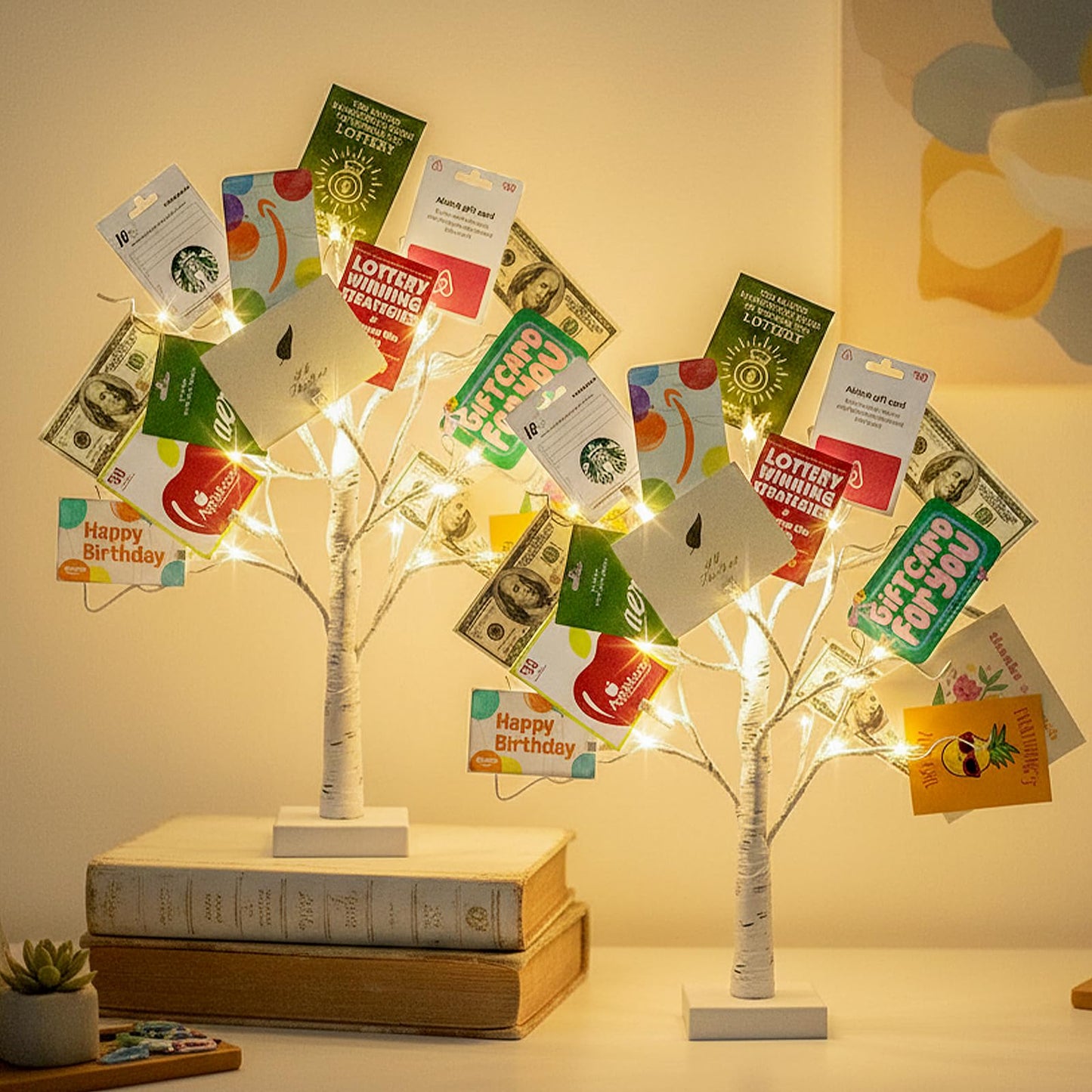 EAMBRITE Money Tree Gift Holder, Gift Card Tree 2FT 24LED, Lighted Birch Trees Battery/USB Powered Timer Photo Display with 24 Clips and 12 Cards for Home Graduation Christmas Picture Memo 2 Pack
