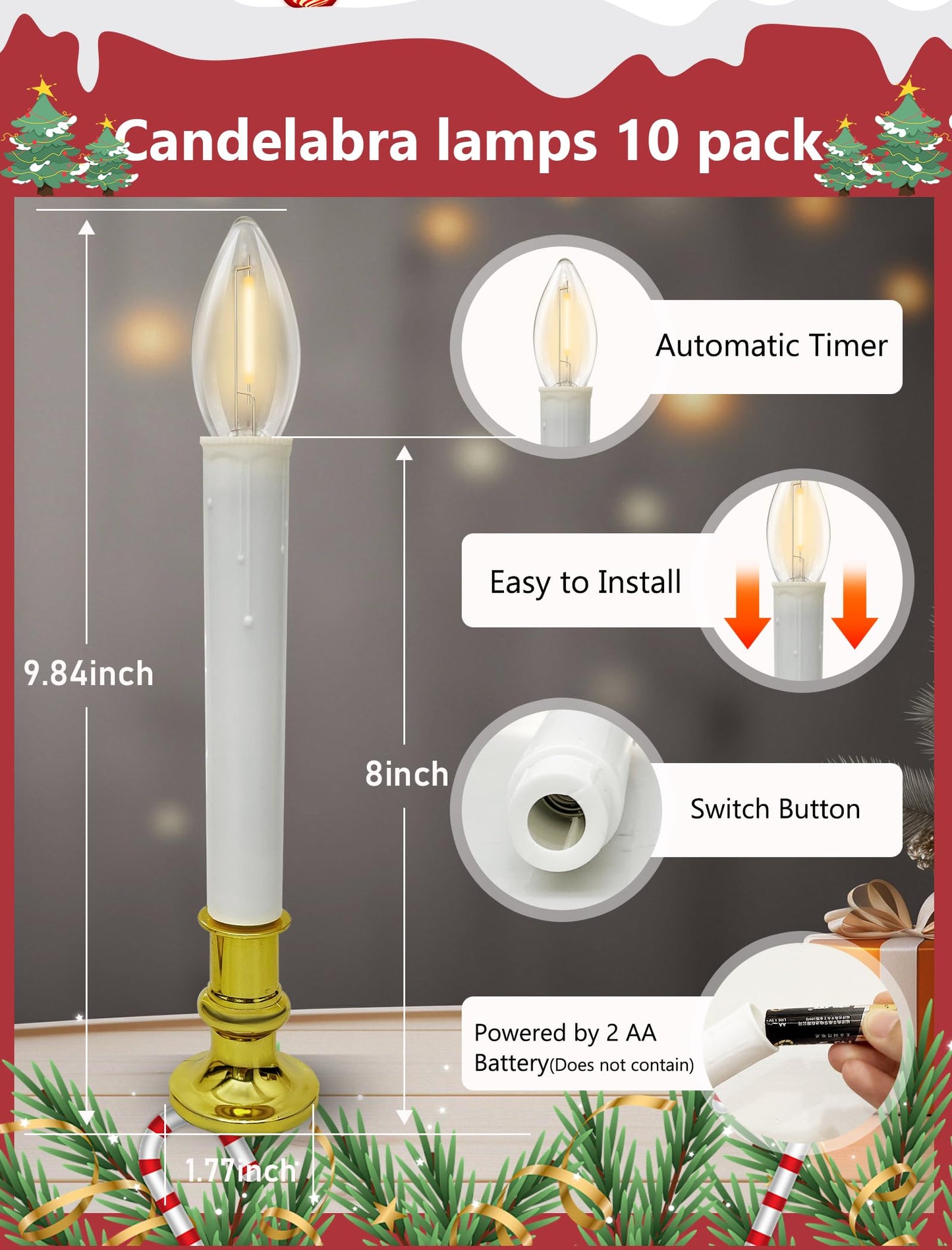10 Pack Battery Operated Window Candles, Flameless Christmas Electric Candle with 6/18H Timer, Gold Base with Suction Cups, Warm White LED Lights for Xmas Wedding Holiday Indoor Table Window Decor