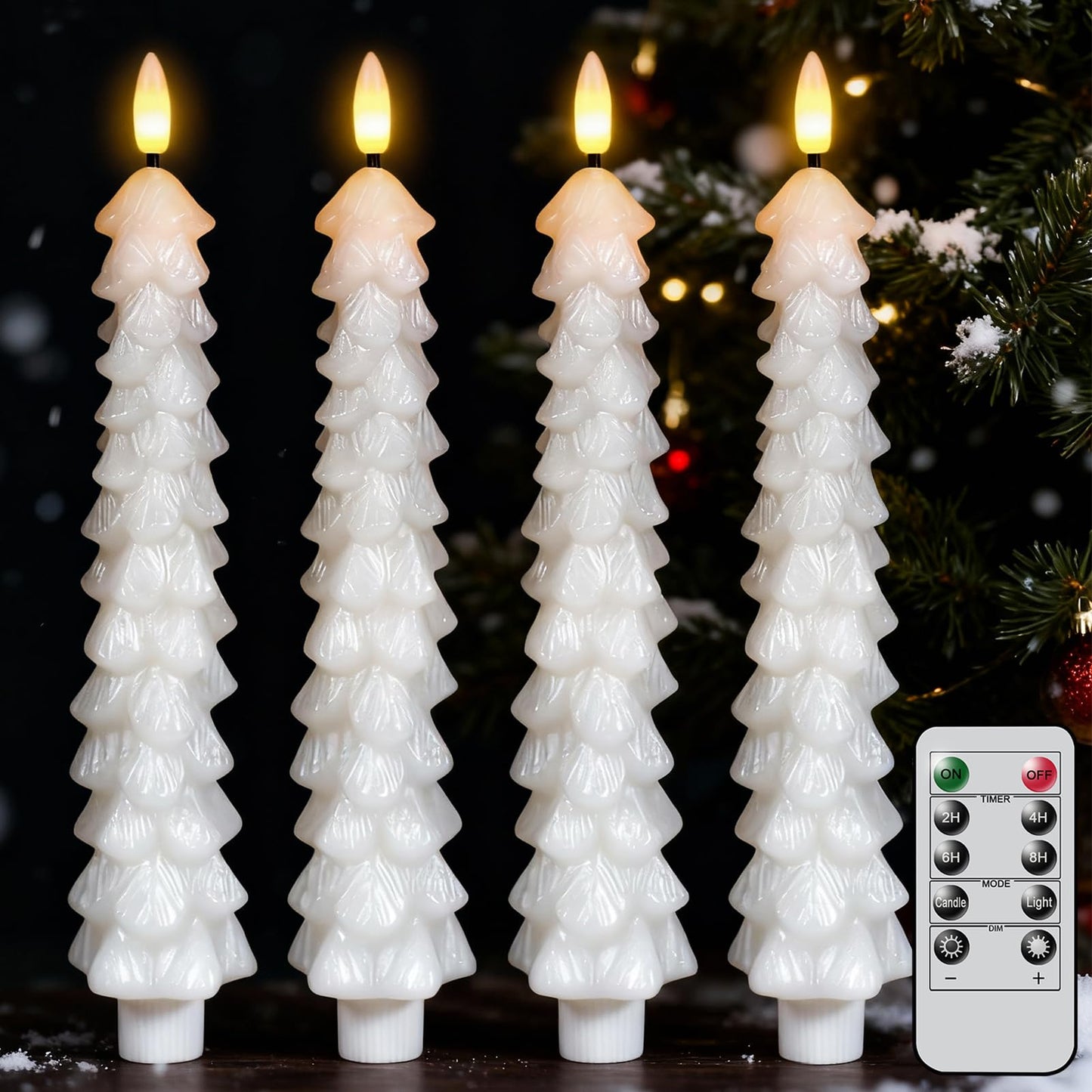 Lasumora Christmas Tree Candles with Remote Timer, 4 Pcs Waxy Flameless Taper Candles Flickering, Battery Operated LED Candlesticks with 3D Flame Wick, White Window Candle for Christmas Decorations