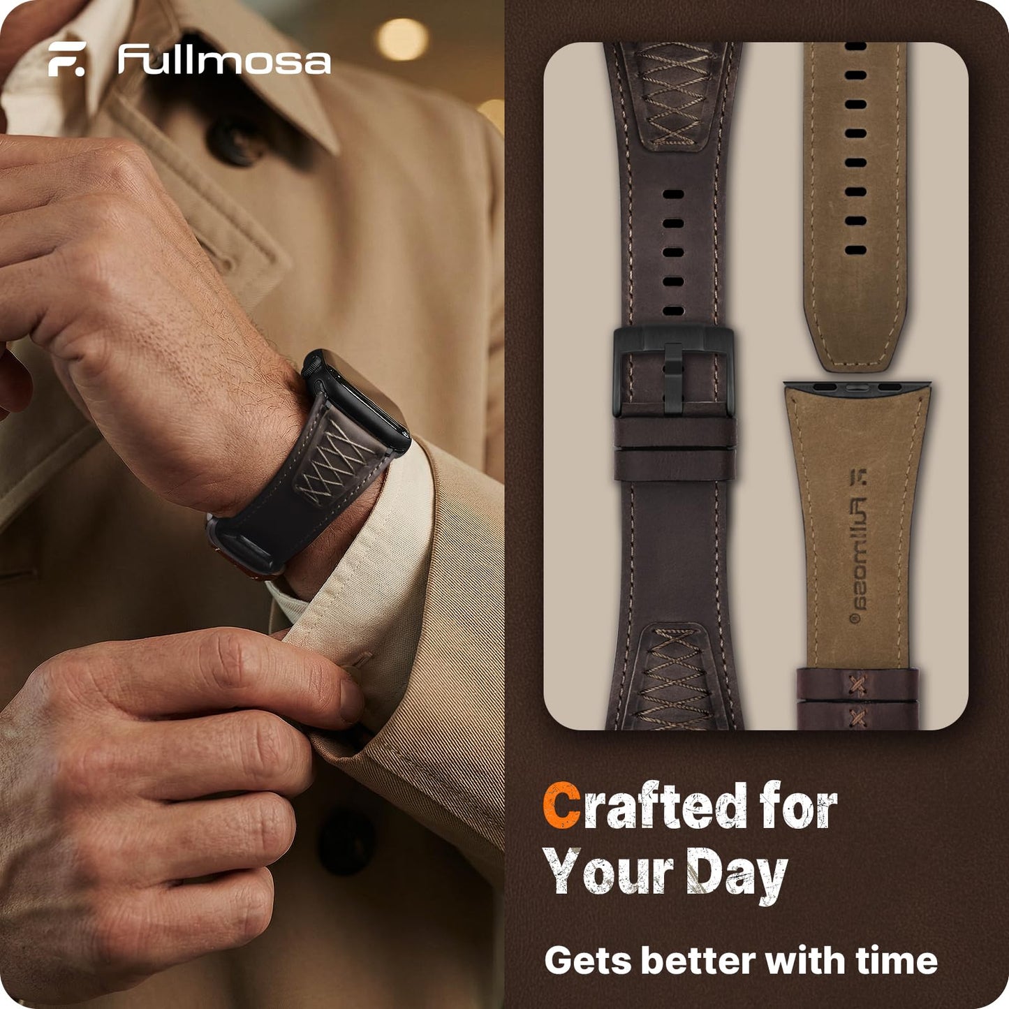 Fullmosa Leather Band Compatible with Apple Watch Ultra 3/2/1 Band 49mm 46mm 45mm 44mm 42mm Men, Top Grain Leather Replacement Strap for iWatch series 11 10 9 8 7 6 5 4 3 2 1, SE 3 2 1,Coffee Brown+Black