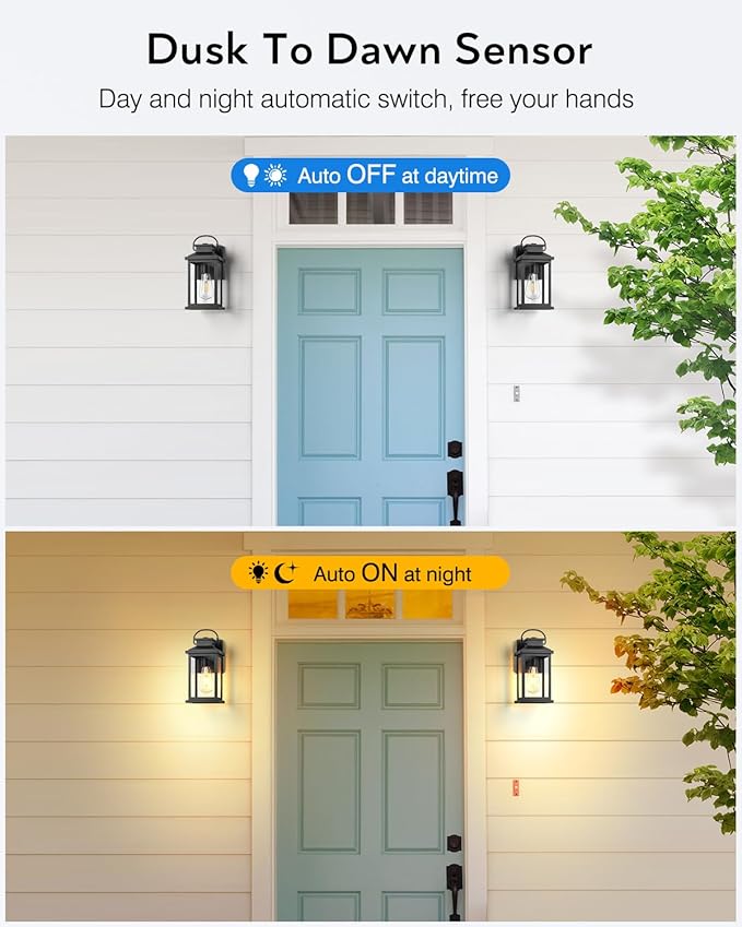 VIANIS Porch Lights - Black Dusk to Dawn Exterior Wall Sconce Lanterns for House, Front Porch, Anti-Rust Waterproof Outdoor Garage Lights