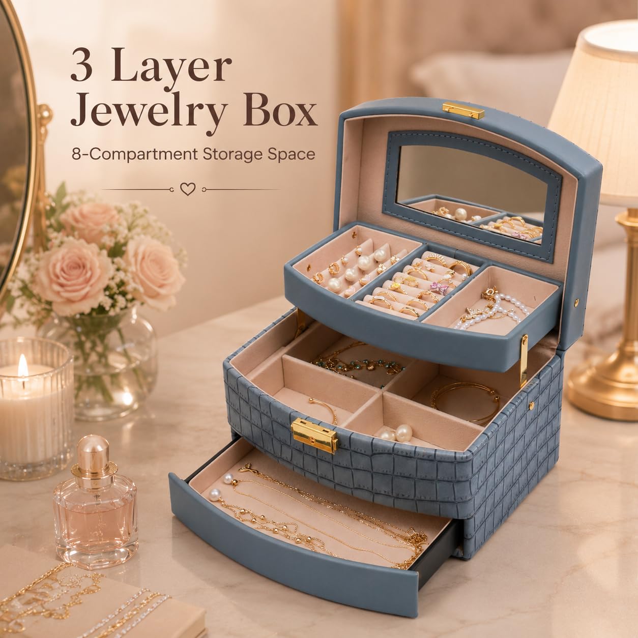 Hmsnyysl Elegant 3 Layer Lockable Jewelry Box for Women – Mirrored Jewelry Organizer with Key & Drawer, Travel Friendly PU Leather Storage Case,Gift for Wife, Mom, Daughter(Blue)