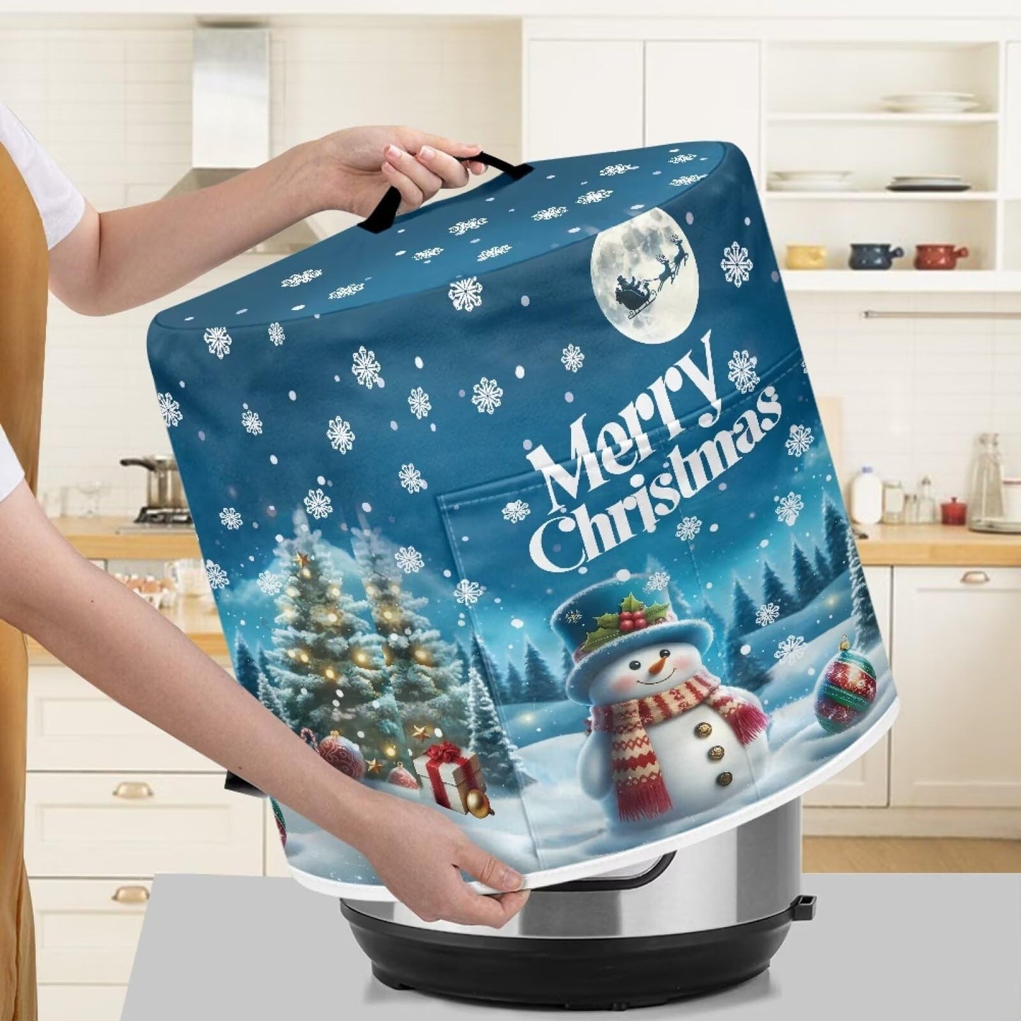Tutolipy Deer Snowman Round Dust Covers for Kitchen Appliances Waterproof Air Fryer Cover with Top Handle for Rice Cooker Air Fryer Slow Cooker,for 6 Qt Pot Electric Appliance