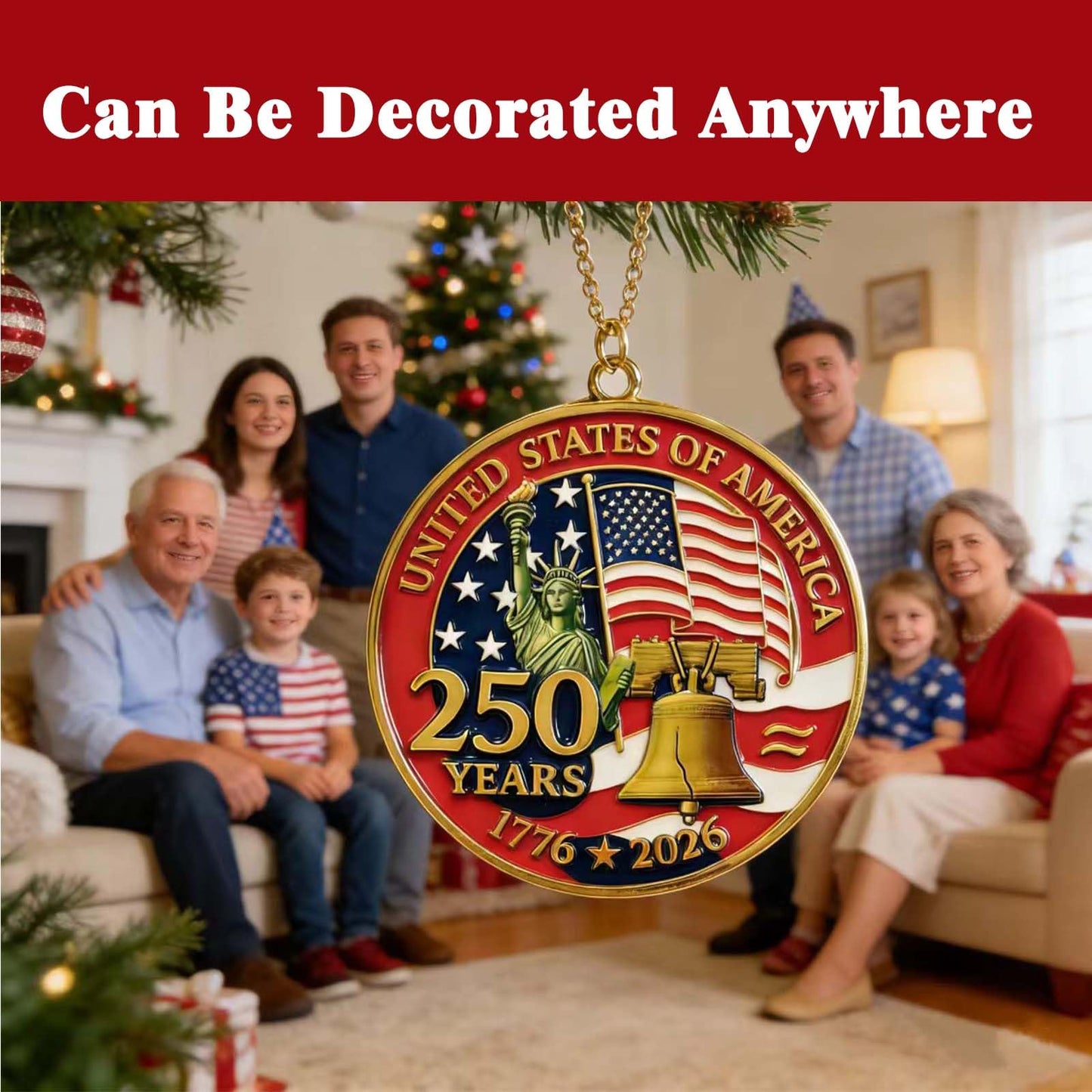 ALRALLI United States 250th Anniversary Ornament 1776-2026, America 250 Patriotic Metal Hanging Decoration with Cord, Storage Pouch, Liberty Bell Keepsake for Christmas Tree, Independence Day Gift
