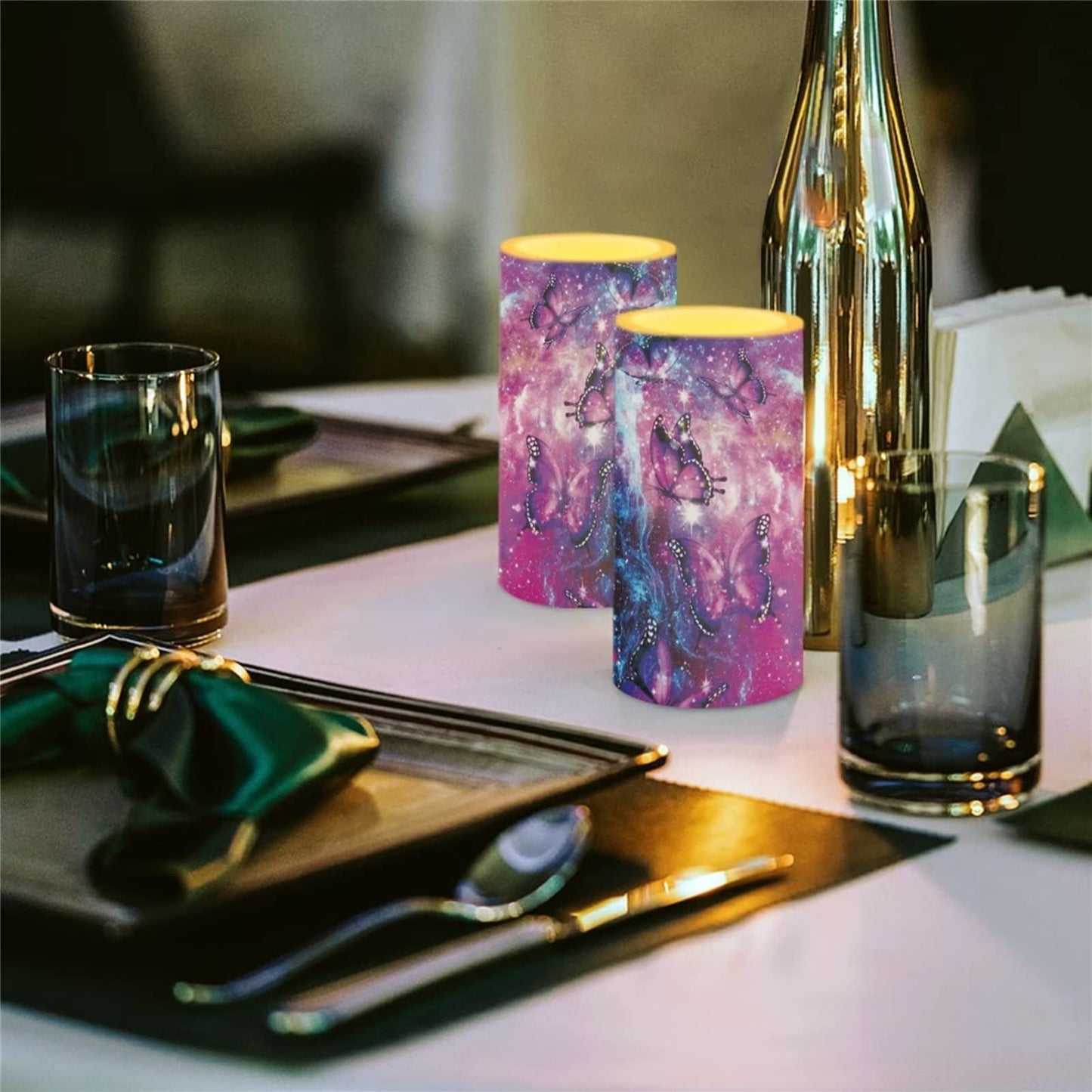 Cozeyat Puple Butterflies Design LED Candles 2 Pieces,Flameless Votive Tealights,Long Lasting Electric Candles 4/8H Timer,Flickering Tea Lights Battetry Operated for Home Parties Wedding