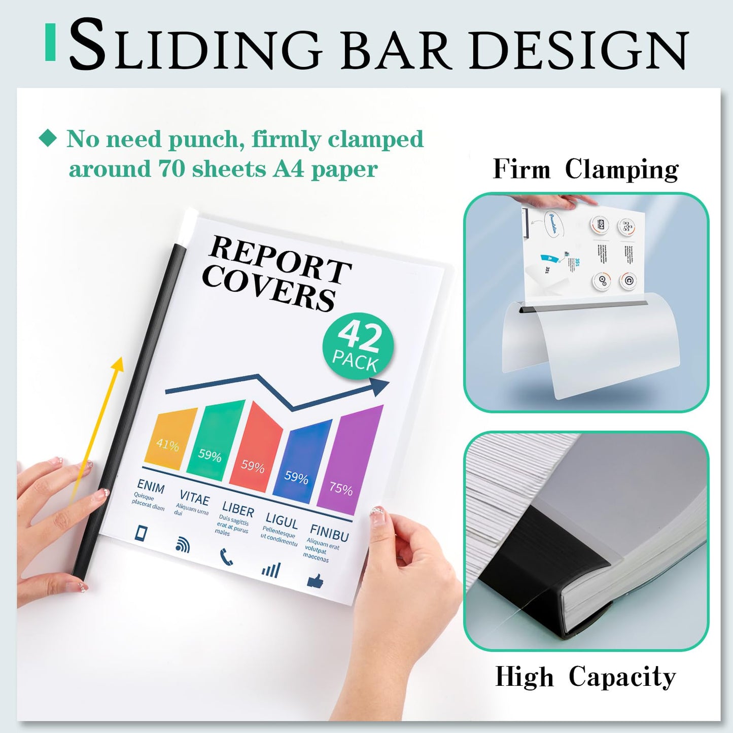 42 Pack Report Covers, COIDEA Report Covers with Sliding Bar, Presentation Folders for A4 and Letter Size Paper, Clear Report Covers Binder Bulk for School Business, 70 Sheet Capacity