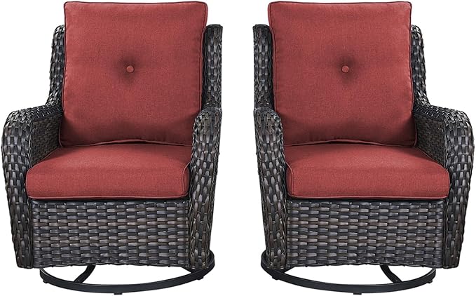 Rilyson Patio Chairs Rocking Swivel Chiar - 2 Piece Outdoor Wicker Furniture Chairs Set Rattan Rocker Chairs with High Back and Deep Seating for Outside Porch Deck Garden(Brown/Red)