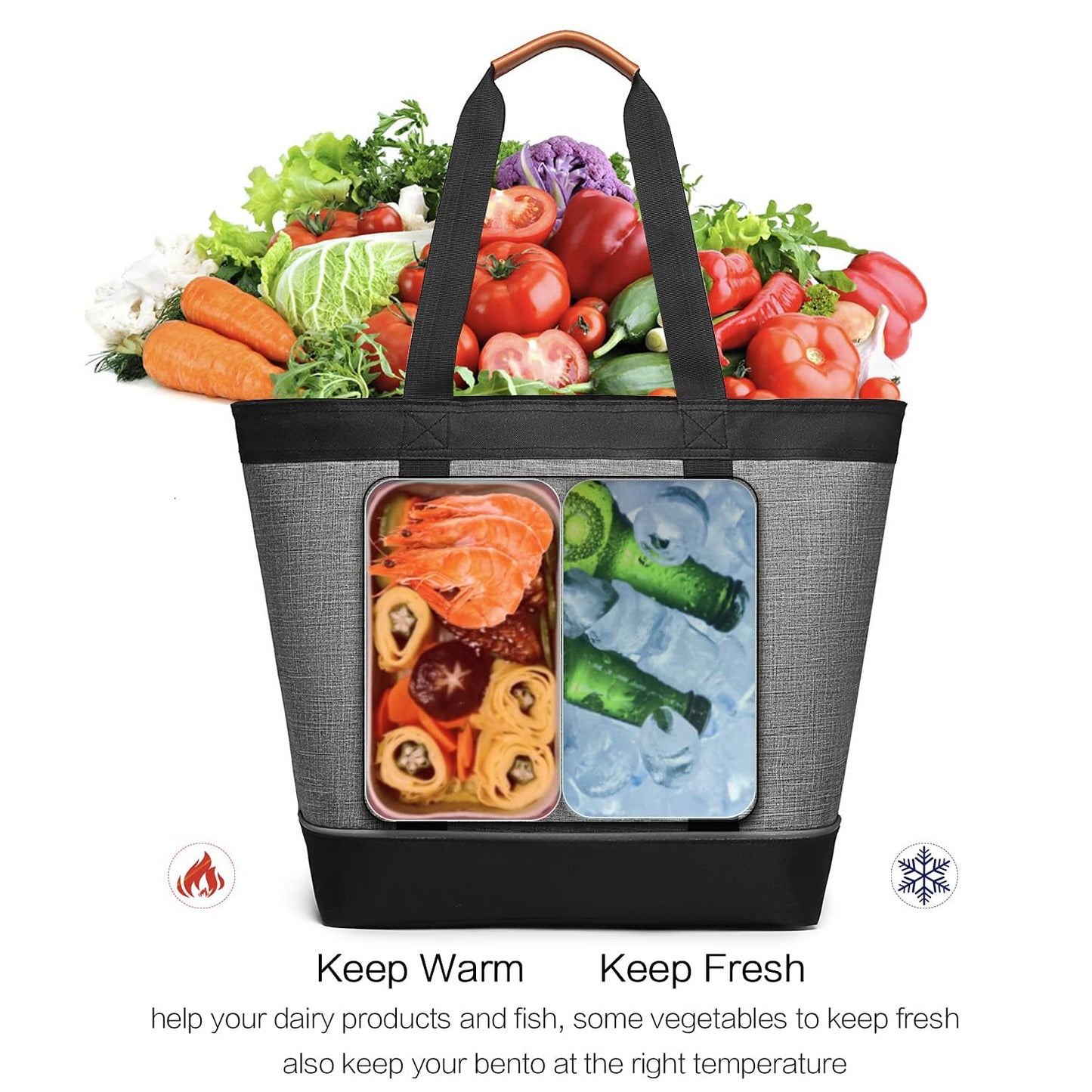 TIIOCTI Large Insulated Cooler Tote Bag, Reusable Grocery Cooler Bag, Collapsible Soft Cooler for Frozen Food, Picnic, Beach and Shopping, Grey