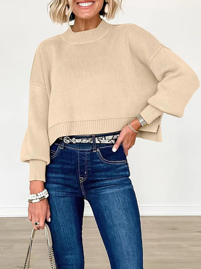 ANRABESS Womens Cropped Sweaters Oversized Crewneck Long Batwing Sleeve Side Slit Ribbed Knit Pullover Tops 2025 Fall Clothes