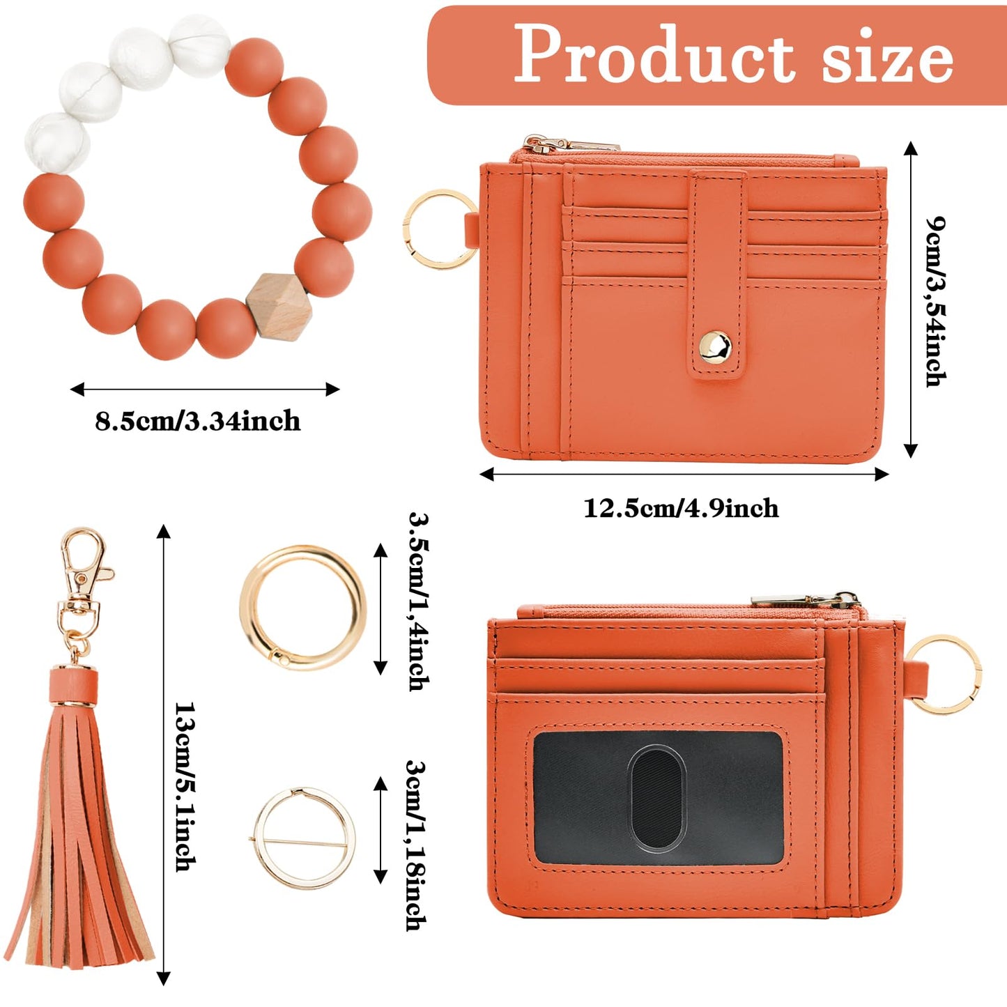 KNGITRYI Wallet Keychain Wristlet for Women,Slim RFID Credit Card Holder Purse Tassel Keychain Bangle Key Ring for Men Women(Coral)
