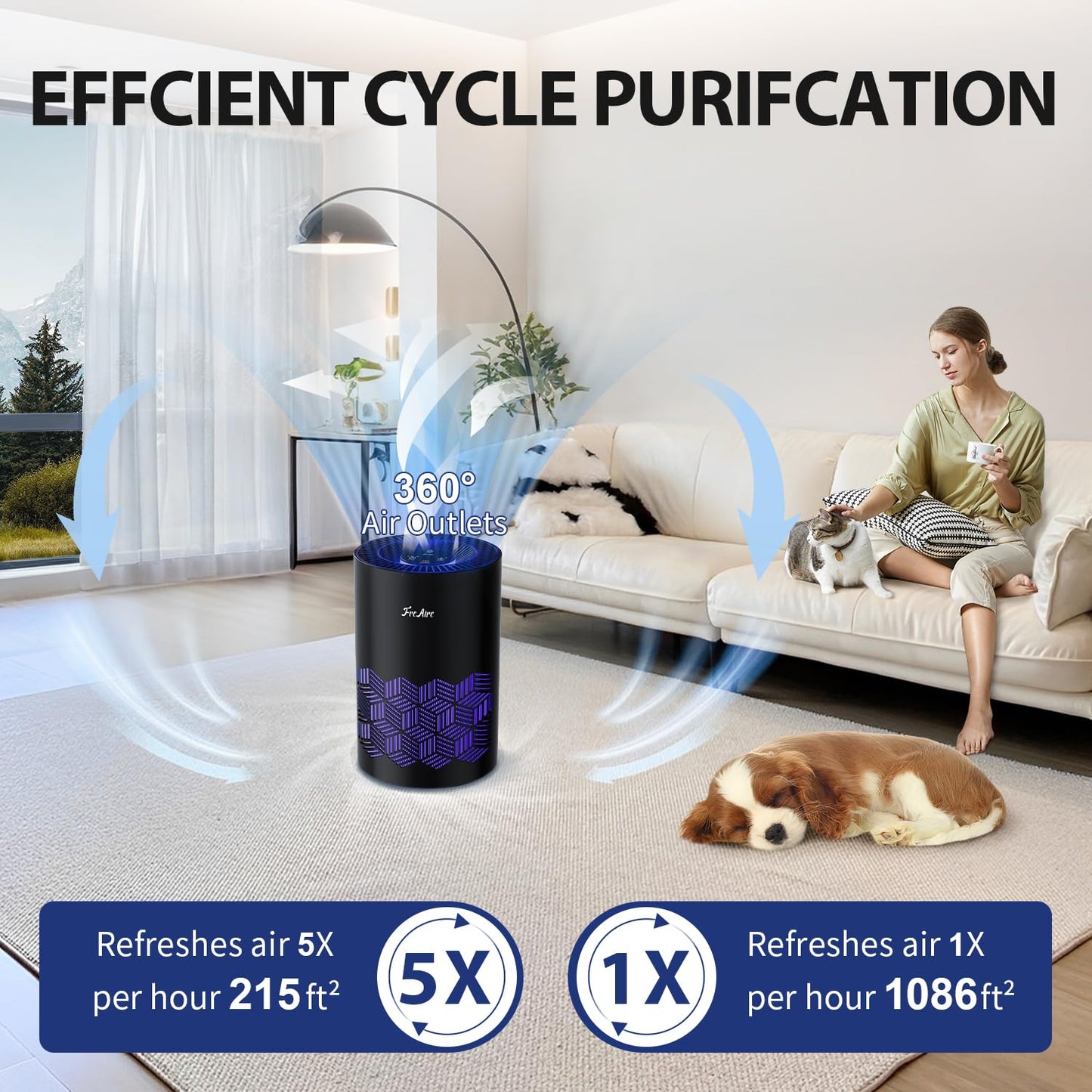 FreAire Air Purifiers for Bedroom Covers Up to 1086 Ft², Air Purifiers for Home, HEPA Air Purifier with Lights, Air Purifier Removes Dust Smoke Pollen Dander Smell, for Home/Pets/Bedroom (Black)