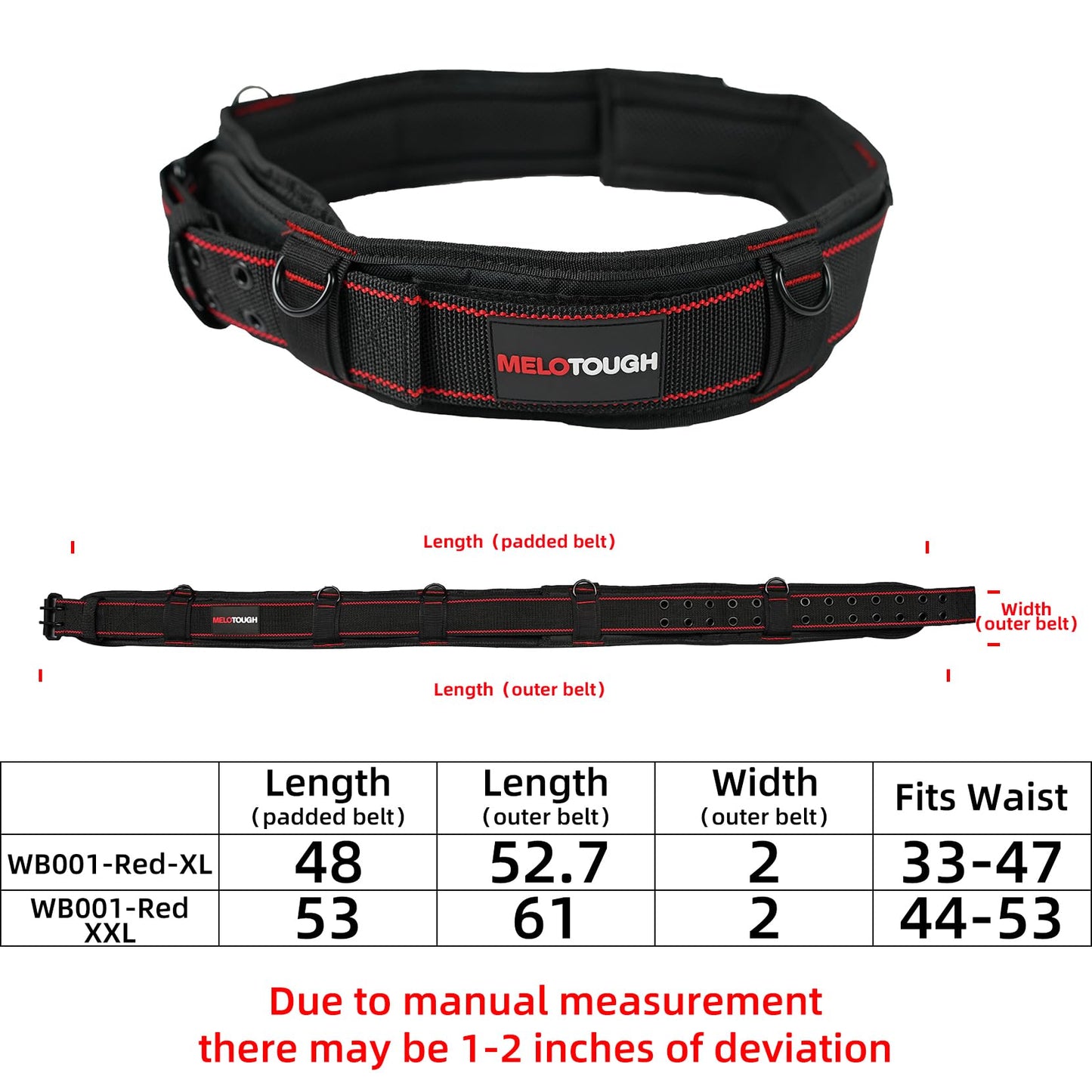 MELOTOUGH Padded Tool Belt with D ring for men construction Strong Durable Double Metal Roller Buckle,adjustable waist 44'-53'thick confortable foam padding (XXL)