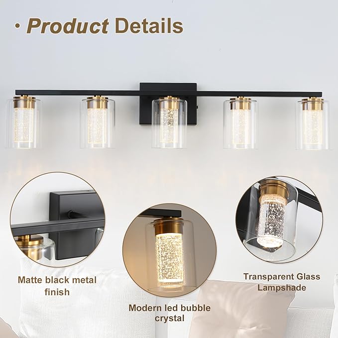 5-Light Black Bathroom Light Fixture, Dimmable 5CCT Black and Gold Bathroom Vanity Lights, 2700K-6500K Modern Crystal Bubble LED Wall Sconce Over Mirror with Clear Glass