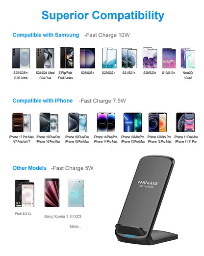 NANAMI Upgraded Fast Wireless Charger, Qi-Certified Wireless Charging Stand Compatible with Samsung Galaxy S25/S24/S23/S22/S21/S20 & Qi Phone Charger for iPhone 17/17 Air/16/16 Plus/16 Pro/15/14/13