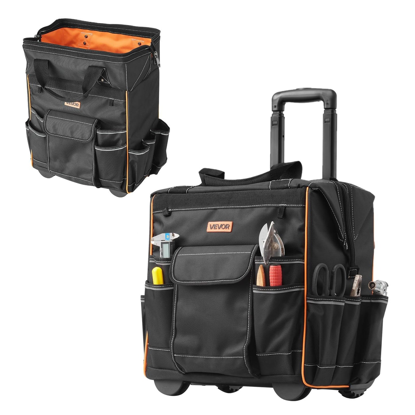 VEVOR 15" Rolling Tool Bag, 110 lbs Load Capacity, 25 Pockets Heavy Duty Roller Tool Bag on Wheels, Adjustable Telescoping Handle & Stable Base, Toolbag Organizers w/Wheels for Construction, Mechanic