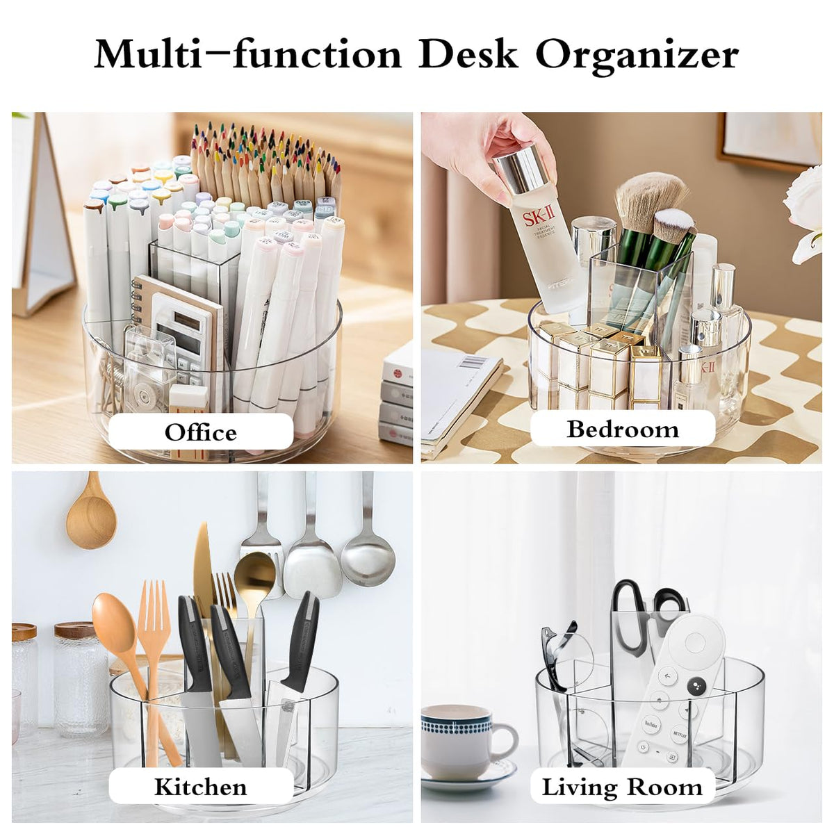 JIKIOU Acrylic Pen Holder, 360-Degree Rotating Pen Holder for Desk, Clear Desk Organizers and Accessories with 5 Compartments Pencil Organizer, Art Supply Storage Box Caddy for Office, Home