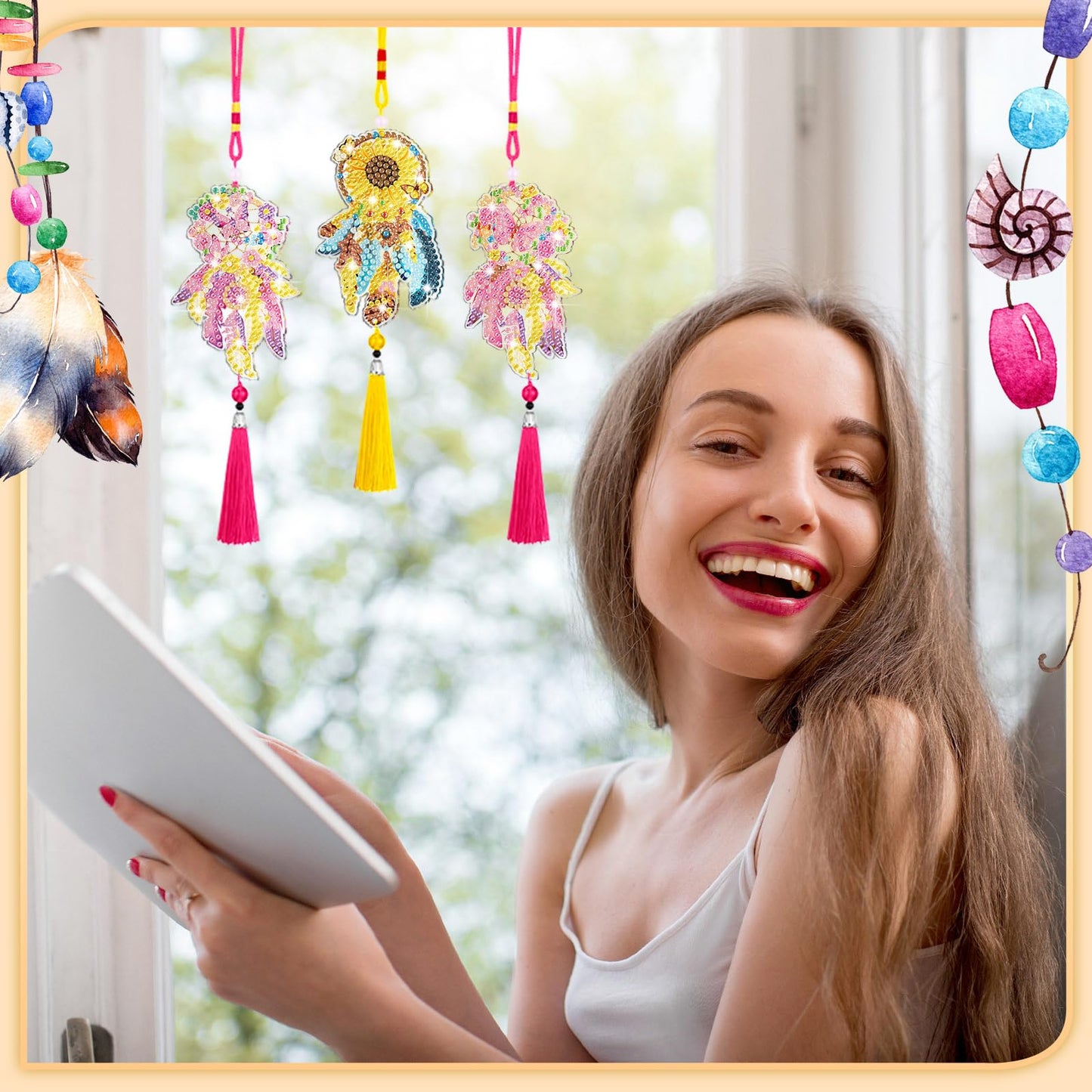 JenPen 12 Pcs Diamond Painting Car Ornaments Diamond Art Ornament for Car Double Sided Painting Hanging Ornament Crystal Gem Garden Decoration Paint DIY Kit(Dream Catcher)