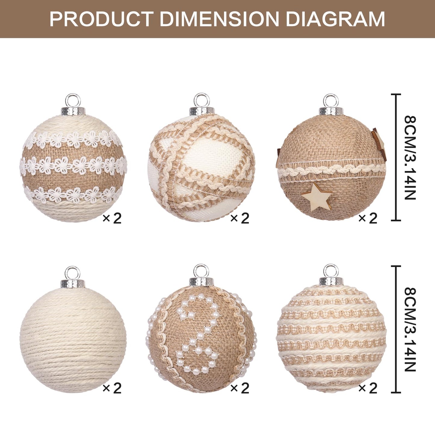 12PCS Christmas Ball Ornaments, 3.14"/80MM Boho Shatterproof Christmas Tree Hanging Ball Decorations, for Home Indoor Farmhouse Xmas Vase Bowls Filler Centerpiece Rustic Decor