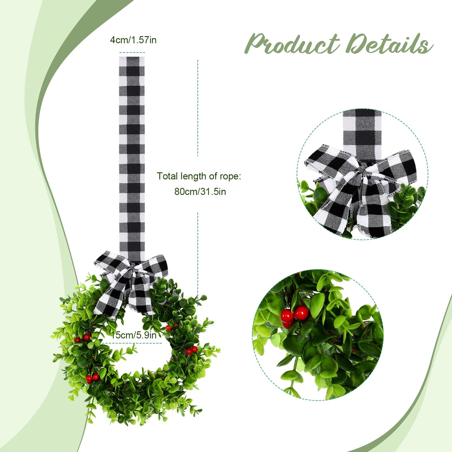 Canlierr 6 Pcs 8 Inch Christmas Kitchen Cabinet Wreaths with 31.5inch Ribbon Small Mini Christmas Wreath for Window Door Chair Wall Xmas Decoration(Plaid)