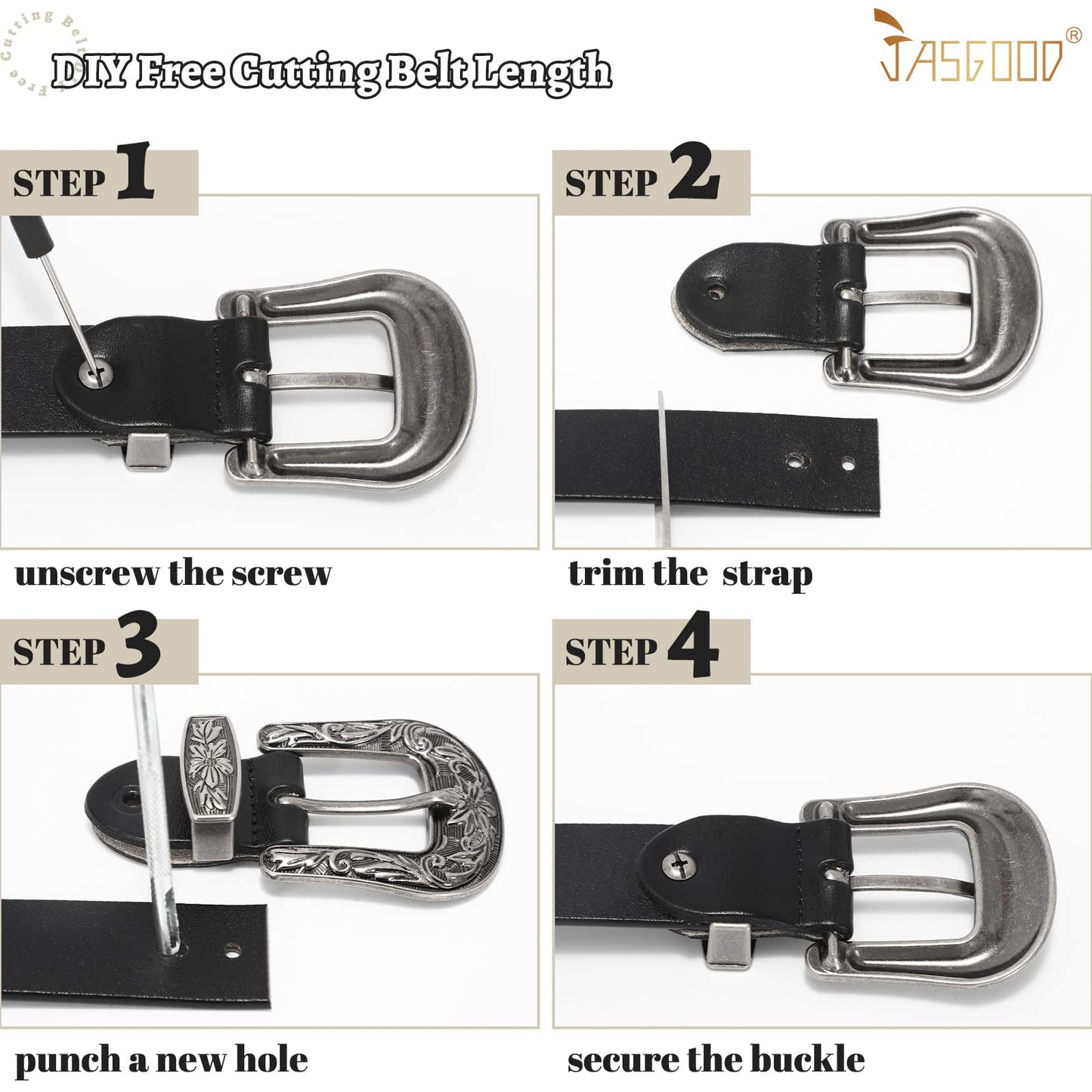 JASGOOD Women Leather Belts Ladies Vintage Western Belt Cowboy Cowgirl Country Belt Design Black Waist Belts for Pants Jeans Dresses